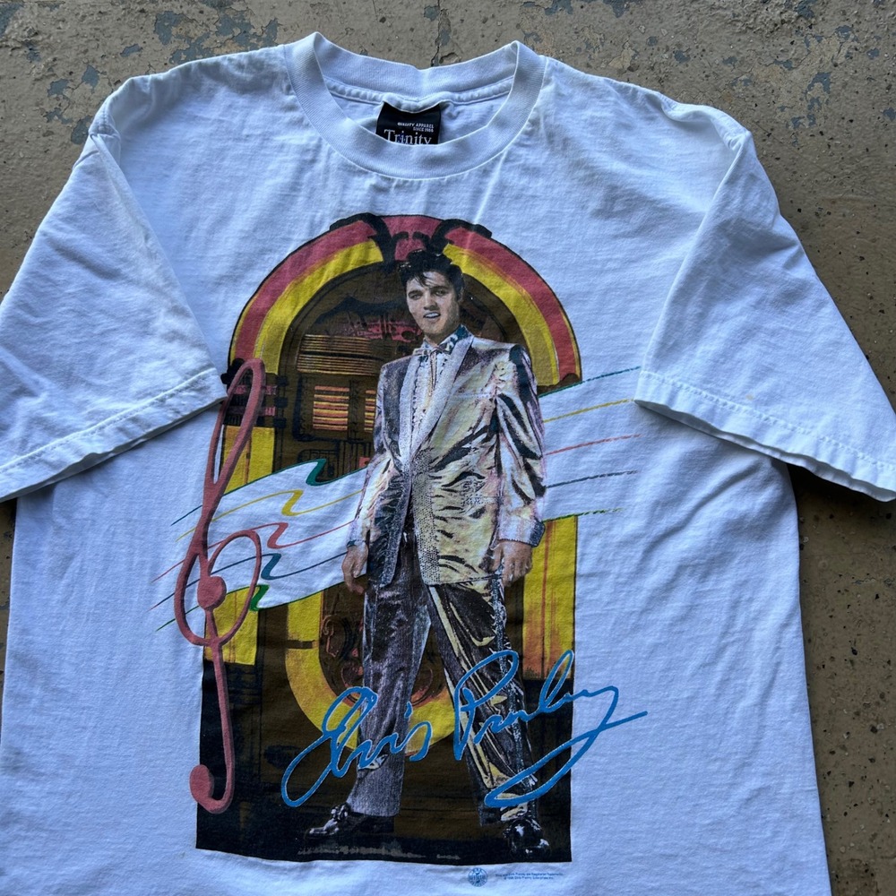 Vintage 1996 Elvis Presley Trinity Products Shirt XL White Jukebox Graphic Tee